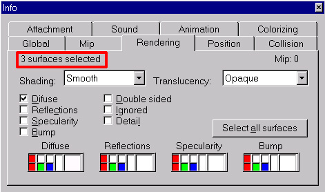 SeriousModelers ToolsInfo showing Surfaces count on Rendering-Tab