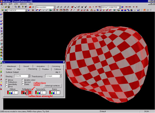 Modeler shows Blob-Model with Reflection-Shader red colored